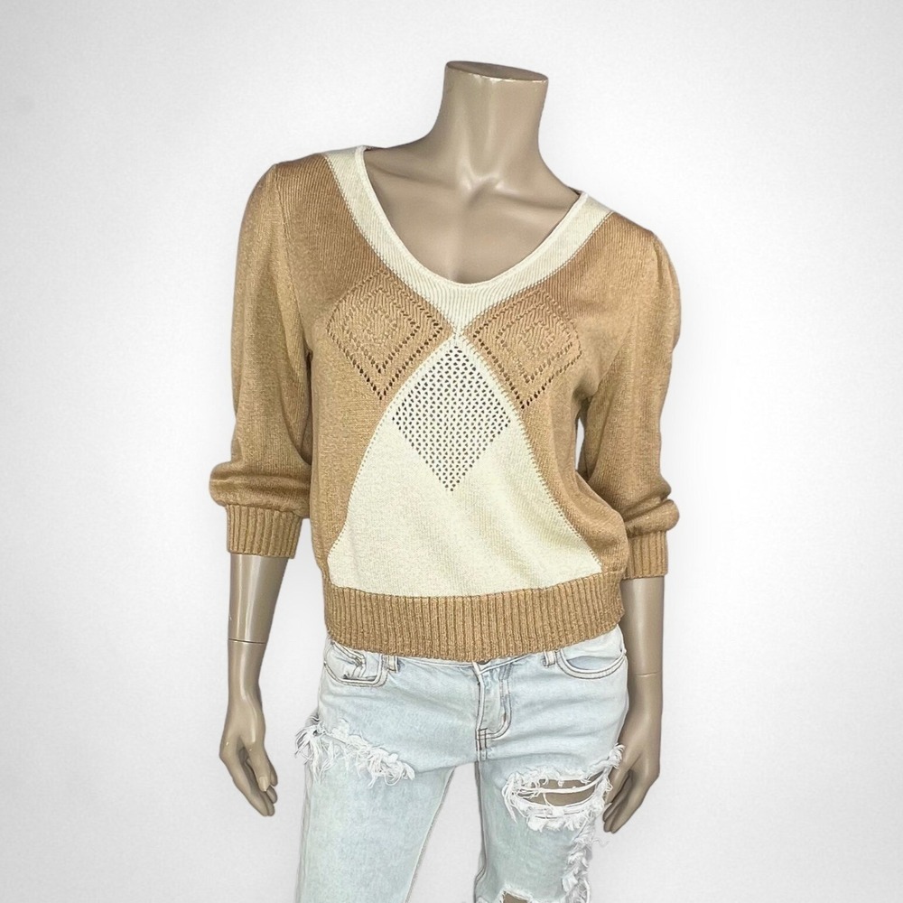 Vintage Medium Cream Knit Short Sleeve‎ Two Tone Casual Top